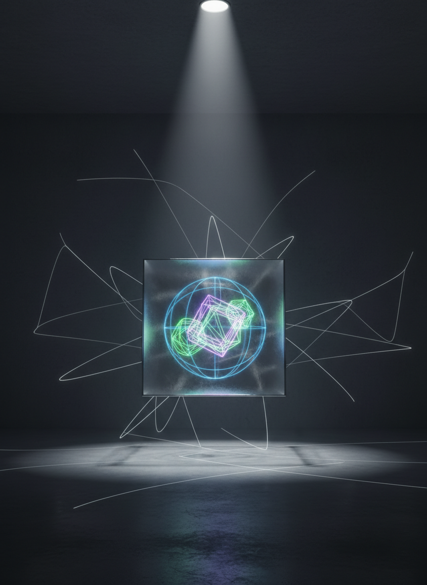 A sleek, translucent cube made of frosted glass, suspended mid-air in a dark, minimalist room. Inside the cube, three nested, rotating wireframe shapes—a sphere, a cube, and a tetrahedron—glow softly in distinct colors, symbolizing layered identity structures. Thin, luminous lines extend from the cube into the surrounding space, forming a faint network pattern on the walls and floor. A single spotlight from above creates a gentle cone of cool, diffused light, with soft shadows radiating outward. Photographic realism with a cinematic, slightly low-angle perspective and generous negative space produces a calm yet futuristic atmosphere, suggesting dynamic meta-reality and the hidden architecture driving personal transformation.