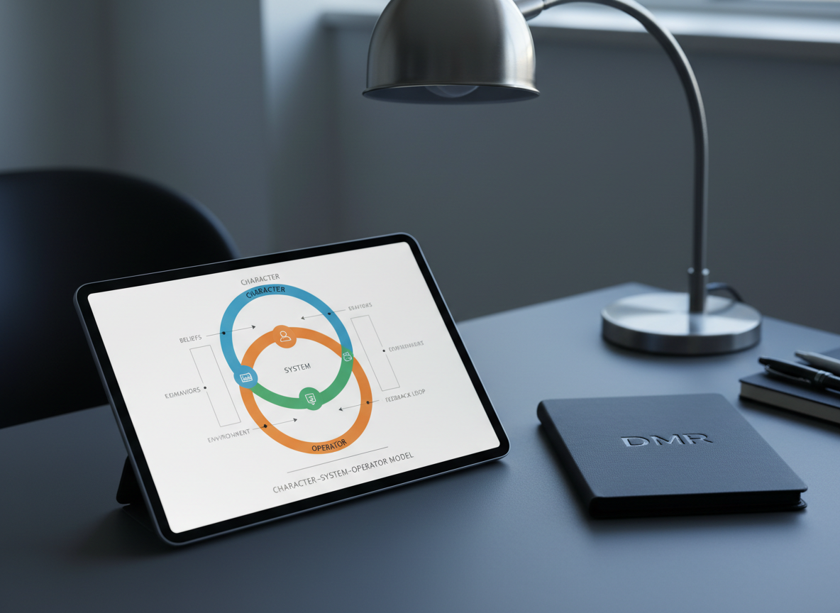 An open digital tablet lying on a clean, charcoal-gray desk, its screen displaying a highly detailed, full-screen diagram of the Character–System–Operator model: three interlocking, color-coded rings labeled clearly, surrounded by tidy annotations and fine connecting lines. Nearby, a closed, dark matte-cover ebook reader with “DMR” embossed in subtle gloss sits on the desk. The environment is a modern, uncluttered workspace with a brushed metal lamp in the background casting soft, cool-toned studio lighting. Reflections on the tablet glass are controlled and minimal. Photographic realism, shot from a slightly elevated angle with rule-of-thirds framing and sharp focus throughout, creates a professional, analytical atmosphere suggesting practical tools for mental restructuring.