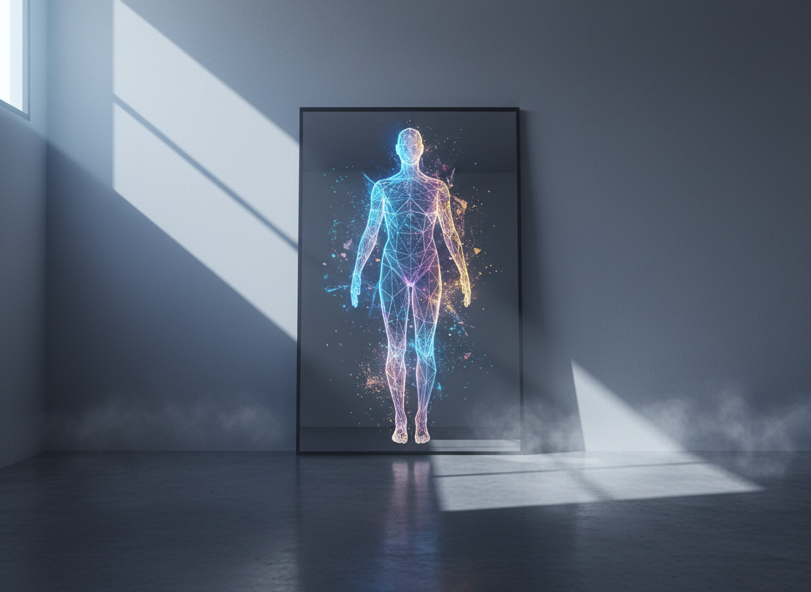 A large, frameless mirror standing upright on a sleek, dark concrete floor, but instead of reflecting the room, its surface shows a luminous, dynamic wireframe outline of a human silhouette made of shifting geometric shapes and flowing particles. Around the mirror, the room is minimal and modern, with smooth gray walls and a single narrow beam of cool daylight entering from an unseen window, creating a dramatic diagonal across the scene. Subtle fog-like mist near the floor adds depth. Shot in photographic realism from a slightly low angle with centered composition, the lighting emphasizes the glowing outline in the mirror, evoking a mood of introspection, revelation, and real-time self-observation.